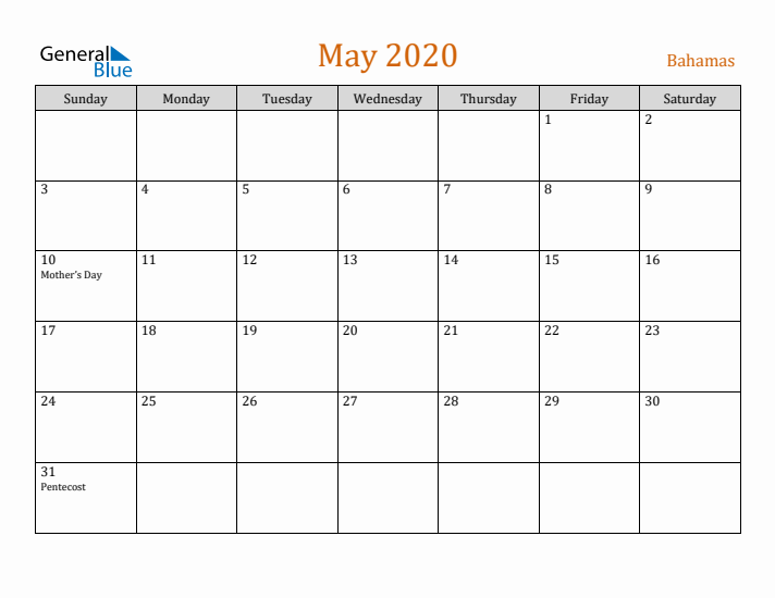 May 2020 Holiday Calendar with Sunday Start