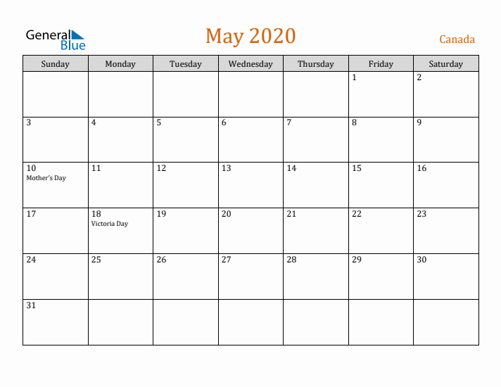 May 2020 Holiday Calendar with Sunday Start