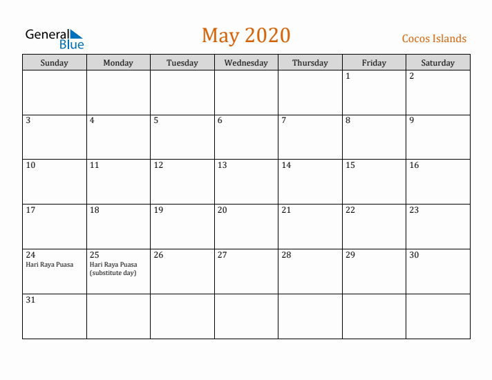 May 2020 Holiday Calendar with Sunday Start