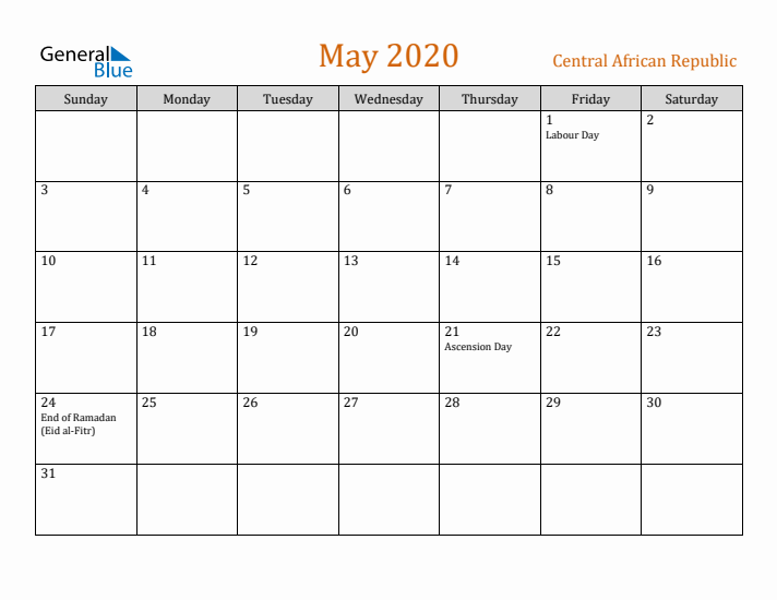 May 2020 Holiday Calendar with Sunday Start