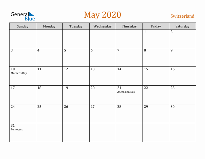 May 2020 Holiday Calendar with Sunday Start