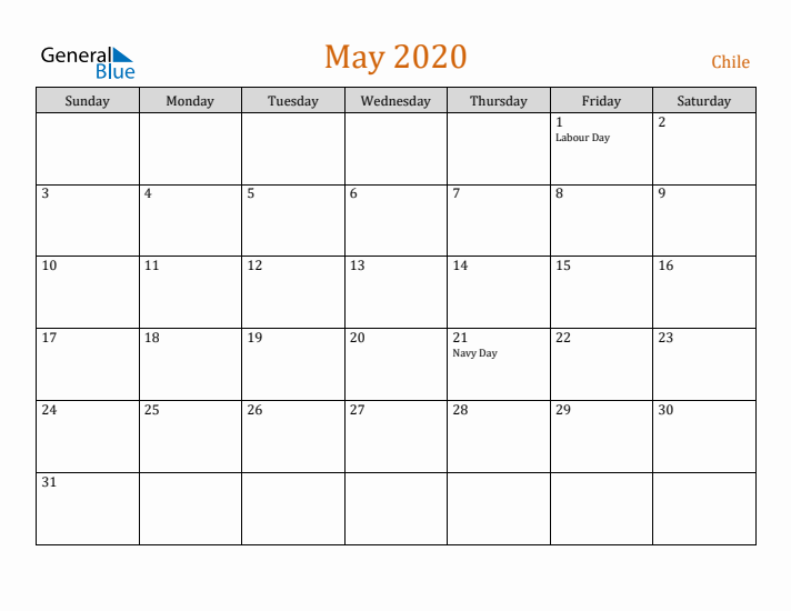 May 2020 Holiday Calendar with Sunday Start