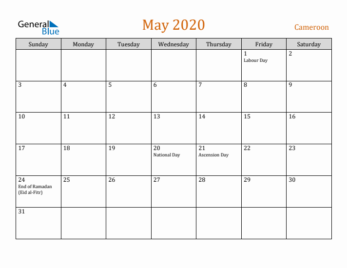 May 2020 Holiday Calendar with Sunday Start