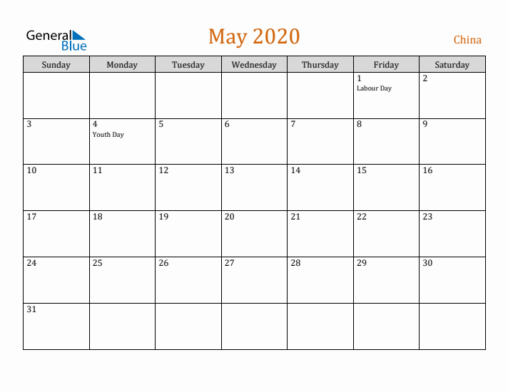 May 2020 Holiday Calendar with Sunday Start