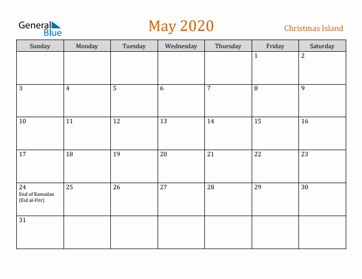 May 2020 Holiday Calendar with Sunday Start