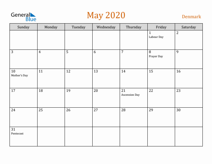 May 2020 Holiday Calendar with Sunday Start