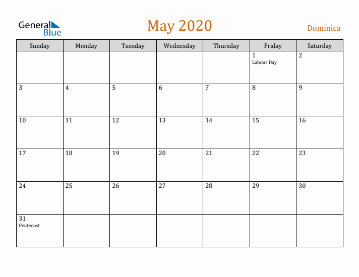 May 2020 Holiday Calendar with Sunday Start