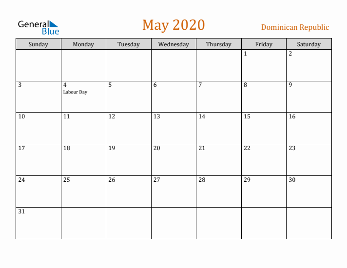 May 2020 Holiday Calendar with Sunday Start