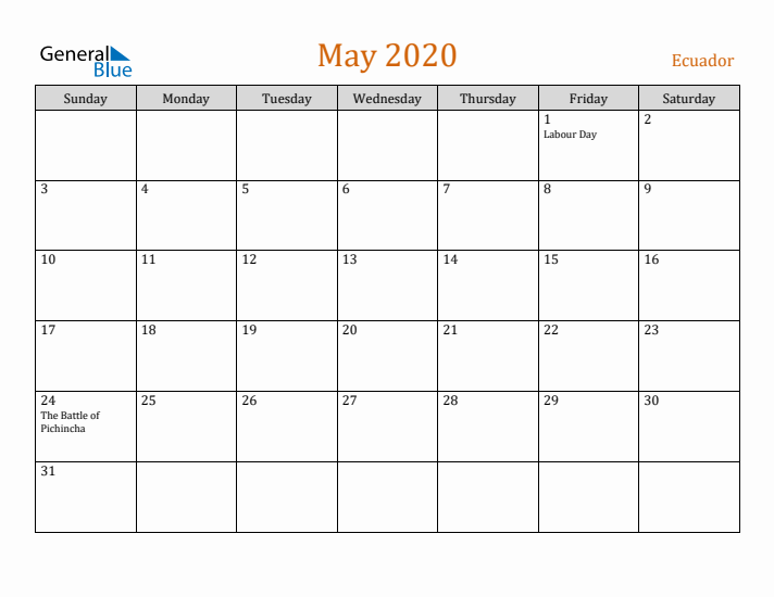 May 2020 Holiday Calendar with Sunday Start