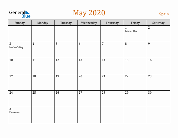 May 2020 Holiday Calendar with Sunday Start