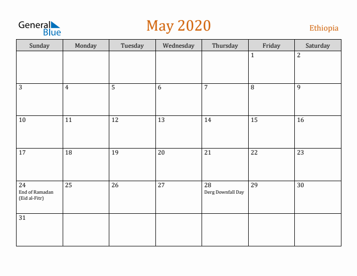 May 2020 Holiday Calendar with Sunday Start