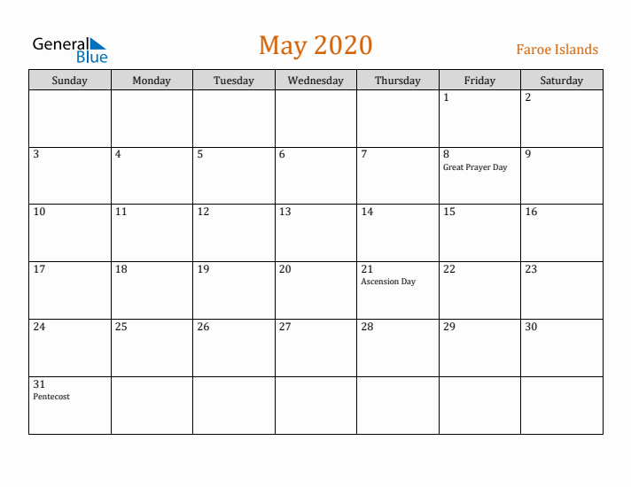 May 2020 Holiday Calendar with Sunday Start