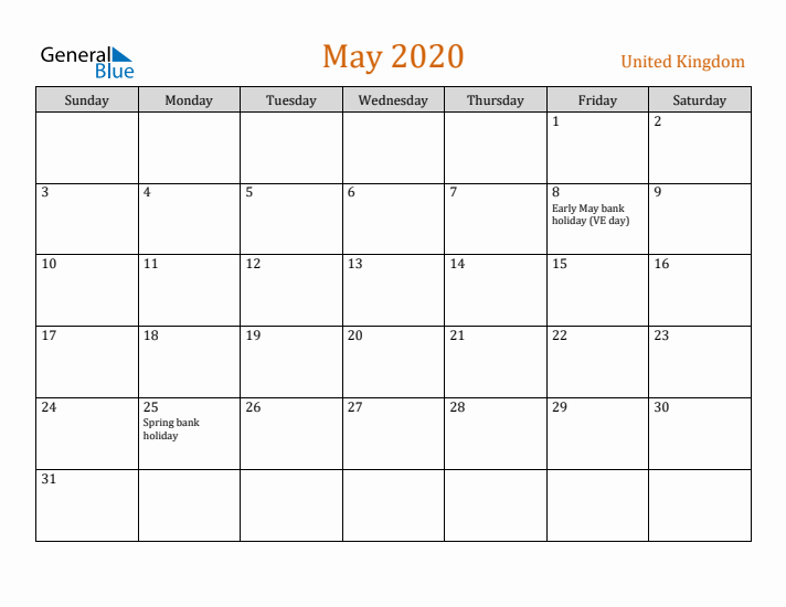 May 2020 Holiday Calendar with Sunday Start