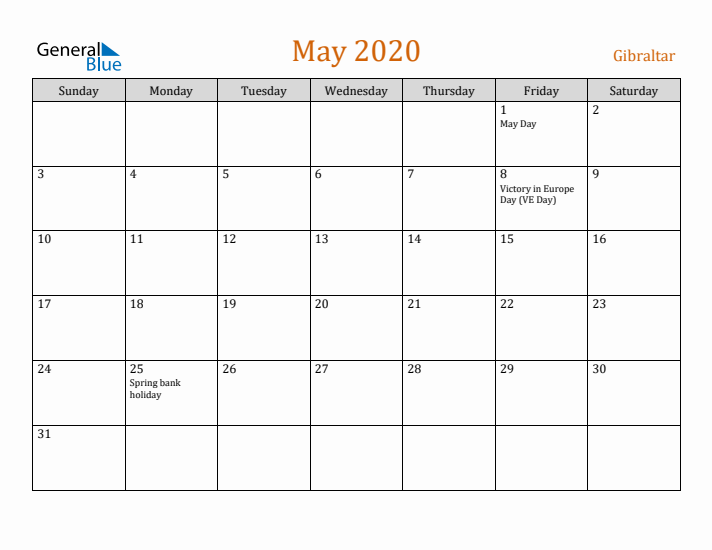 May 2020 Holiday Calendar with Sunday Start