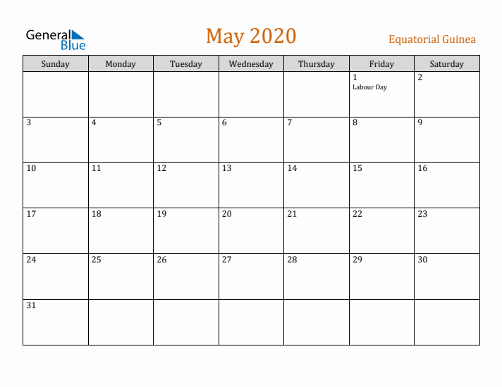 May 2020 Holiday Calendar with Sunday Start