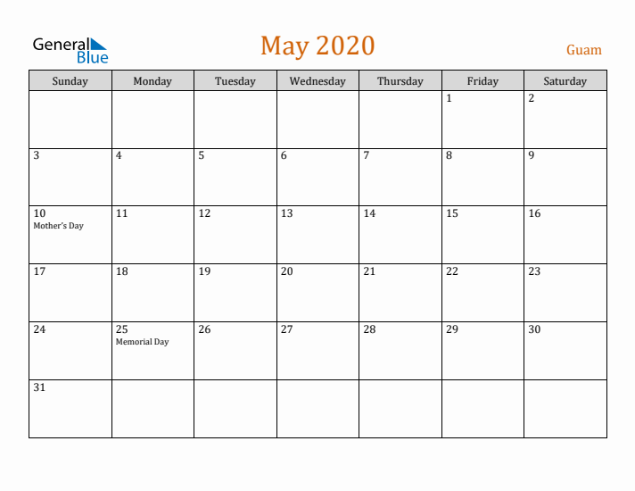 May 2020 Holiday Calendar with Sunday Start