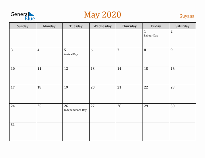 May 2020 Holiday Calendar with Sunday Start