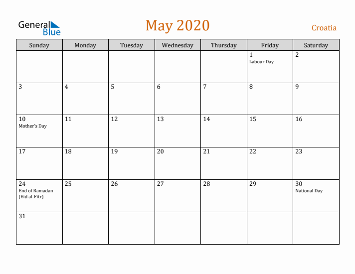 May 2020 Holiday Calendar with Sunday Start