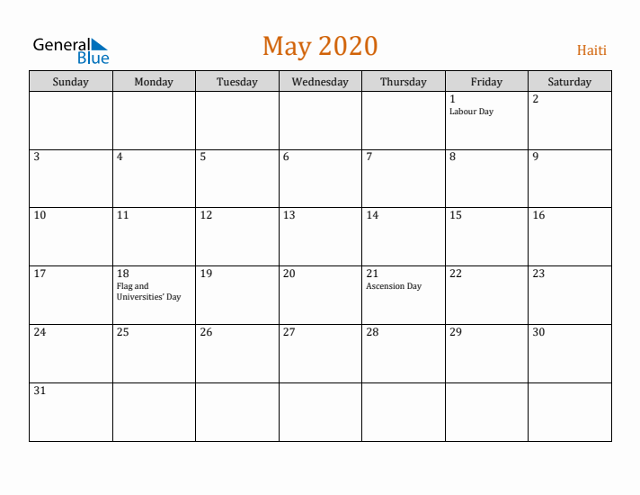 May 2020 Holiday Calendar with Sunday Start