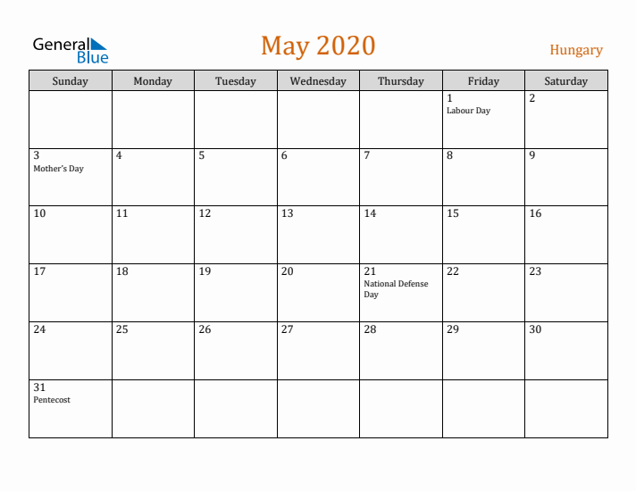 May 2020 Holiday Calendar with Sunday Start