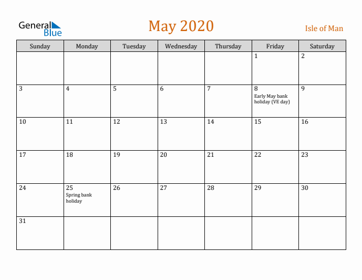 May 2020 Holiday Calendar with Sunday Start