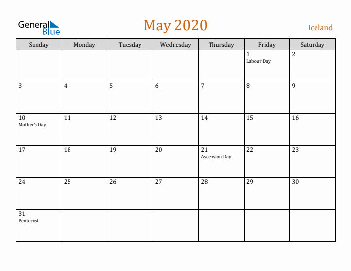 May 2020 Holiday Calendar with Sunday Start