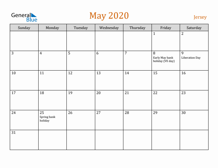 May 2020 Holiday Calendar with Sunday Start