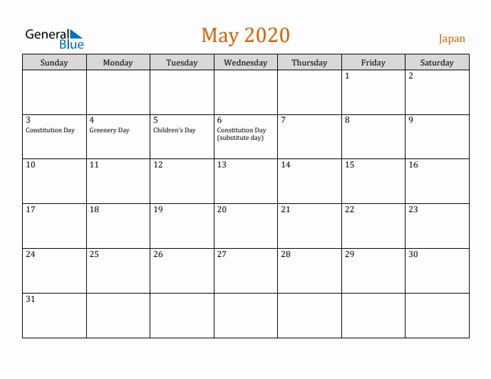 May 2020 Holiday Calendar with Sunday Start