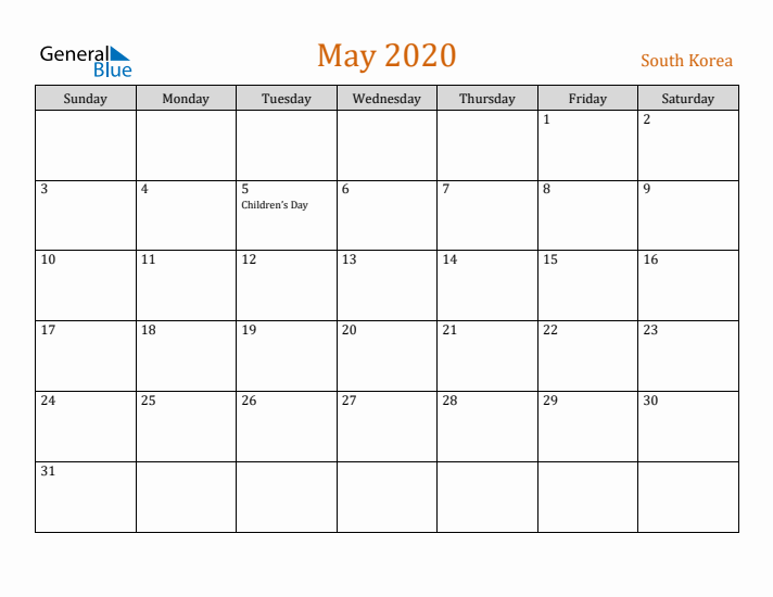 May 2020 Holiday Calendar with Sunday Start