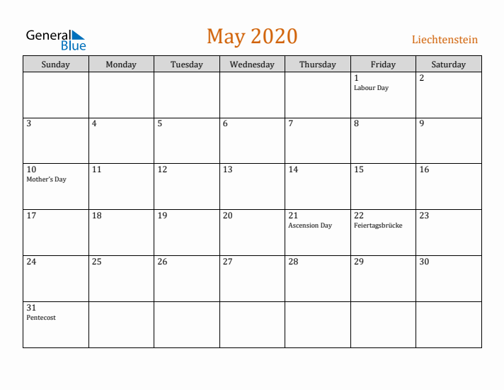 May 2020 Holiday Calendar with Sunday Start