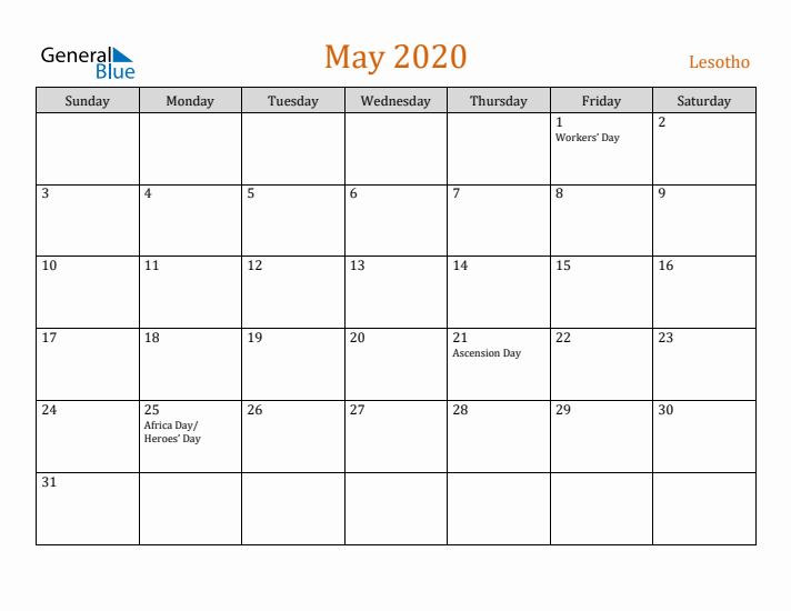 May 2020 Holiday Calendar with Sunday Start