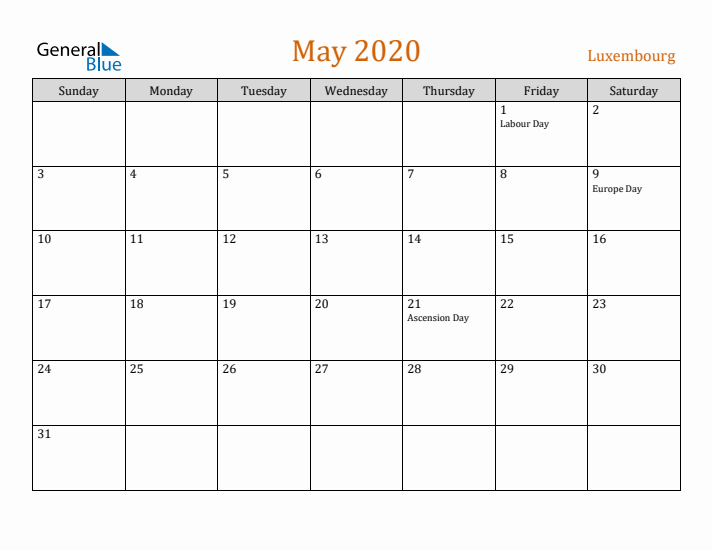 May 2020 Holiday Calendar with Sunday Start