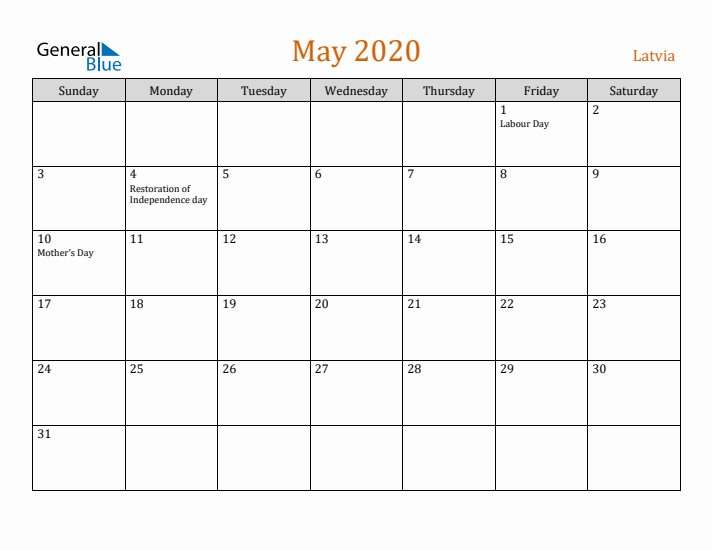 May 2020 Holiday Calendar with Sunday Start