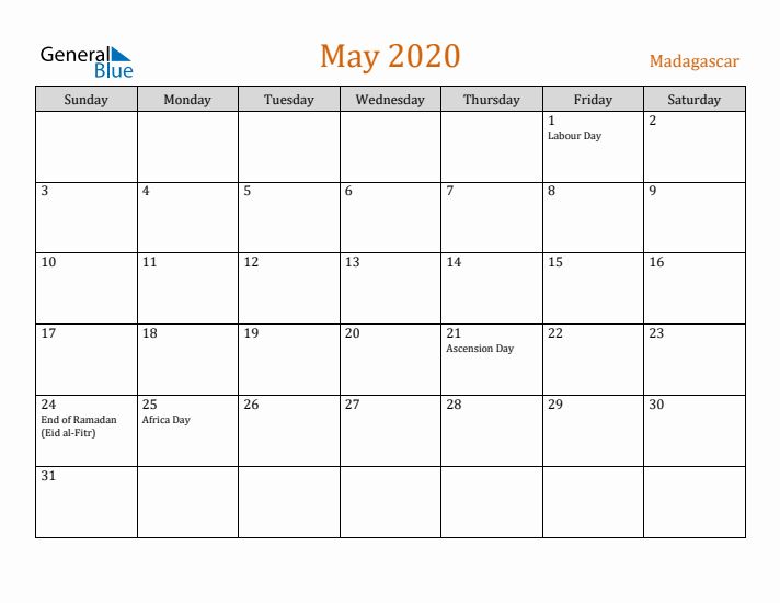 May 2020 Holiday Calendar with Sunday Start