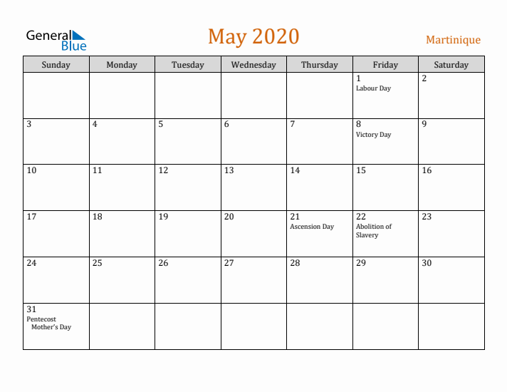 May 2020 Holiday Calendar with Sunday Start