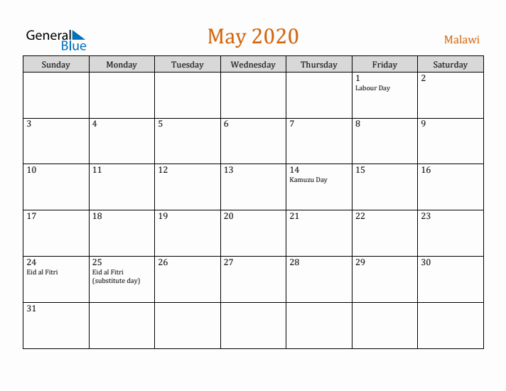 May 2020 Holiday Calendar with Sunday Start