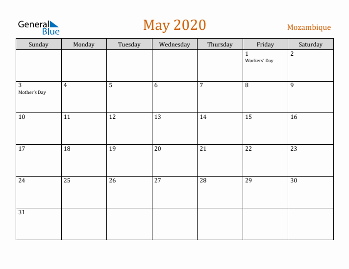 May 2020 Holiday Calendar with Sunday Start