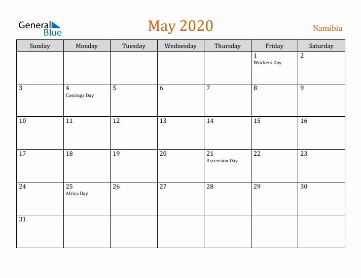 May 2020 Holiday Calendar with Sunday Start