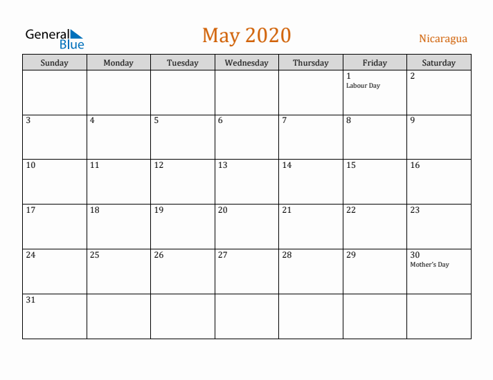 May 2020 Holiday Calendar with Sunday Start