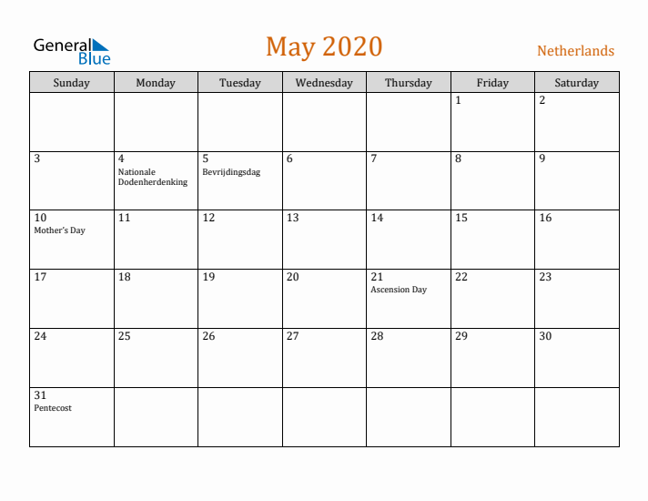 May 2020 Holiday Calendar with Sunday Start