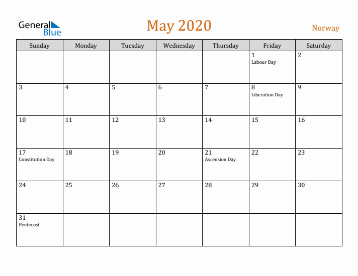 May 2020 Holiday Calendar with Sunday Start