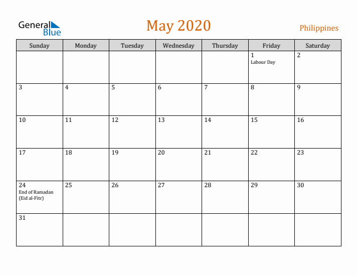 May 2020 Holiday Calendar with Sunday Start