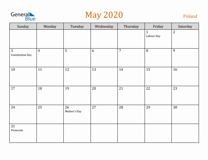 May 2020 Holiday Calendar with Sunday Start