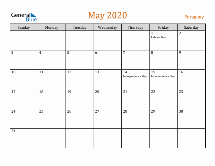 May 2020 Holiday Calendar with Sunday Start