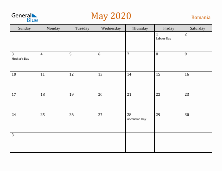 May 2020 Holiday Calendar with Sunday Start