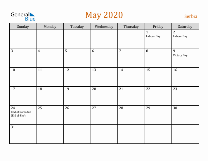 May 2020 Holiday Calendar with Sunday Start