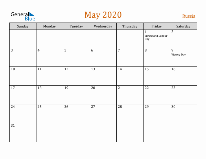 May 2020 Holiday Calendar with Sunday Start