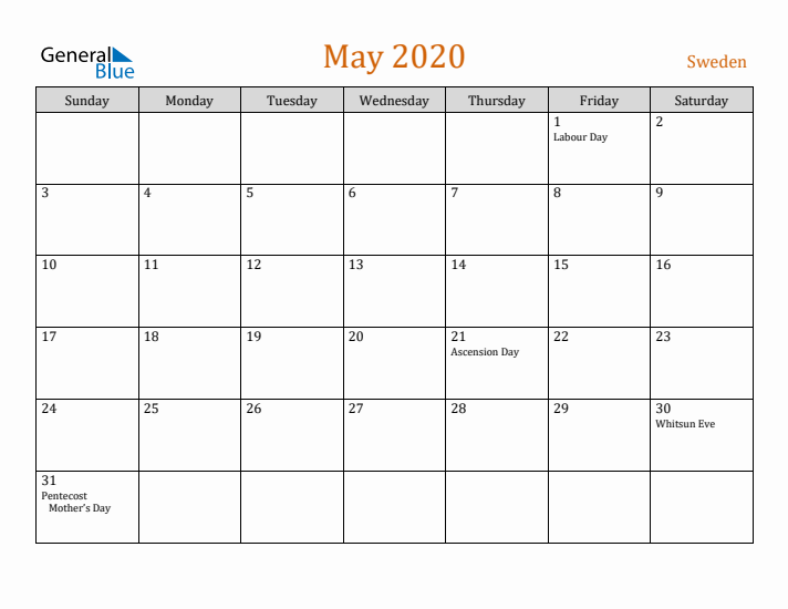 May 2020 Holiday Calendar with Sunday Start