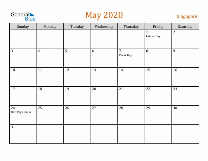 May 2020 Holiday Calendar with Sunday Start