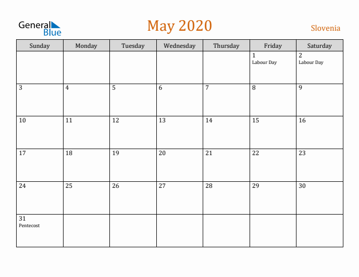 May 2020 Holiday Calendar with Sunday Start